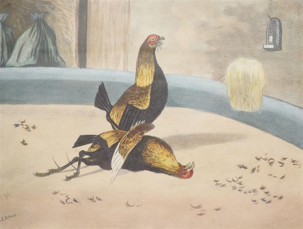 After Henry Alken, set of four coloured lithographs, Cock fighting scenes, 19 x 27cm